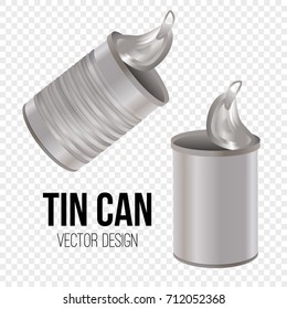 Tincan, canned food realistic vector package mockup, isolated on white background. Metal Tin Can blank templates for branding. Open and closed