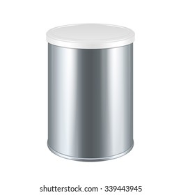 Tincan Metal Tin Can, Canned Food With Lid. Illustration Isolated On White Background. Mock Up Template Ready For Your Design. Vector EPS10