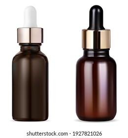 Tincture Bottle. Cosmetic Serum Dropper, Essential Oil Brown Glass Bottle. Apothecary Container Amber Eyedropper Blank, Vector Illustration On White Background. Liquid Collagen Flask