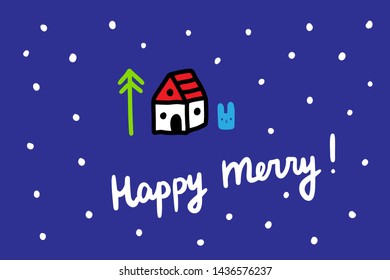 Tine hand drawn house with pine tree cartoon minimalism style lettering white on blue font minimalism