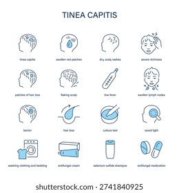 Tinea Capitis symptoms, diagnostic and treatment vector icon set