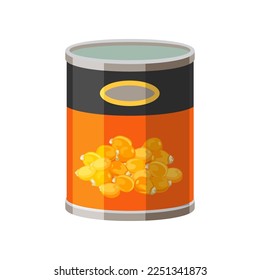 Tinned corn in tin can isolated on white background. Tinned food cartoon illustration. Pantry, grocery, storage concept