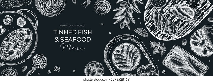 Diseño de pizarra de pescado estampado. Fondo de marisco a mano con un estilo de boceto. Pescado enlatado y moluscos aislados en pizarra. Sardinas, caviar, caballa, atún, mejillones, aceitunas, limones