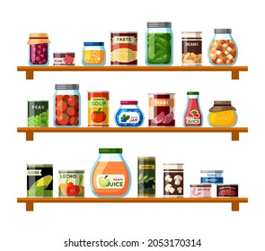 Tinned food on shelves illustration. Soup and corn sealed in cans farmers mushroom and tomato preparations for long term storage convenient packaging with ham and pork. Vector color stocks