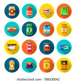 Tinned goods set. Food preserved sealed in a tin, preserve or pack to keep for a long time. Vector flat style cartoon canned goods illustration isolated on white background