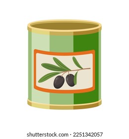 Tinned olives in tin can isolated on white background. Tinned food cartoon illustration. Pantry, grocery, storage concept