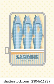 Tinned sardines in a mid century vintage geometric style vector illustration, in pastel and neutral colours. Retro food poster or wall art ideal for kitchen decor.