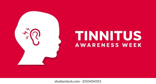 Tinnitus Awareness Week. Ear and human. Great for cards, banners, posters, social media and more. Red background.  