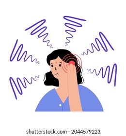 Tinnitus disease concept. Pain, inflammation in human ear. Symbol of earache, ringing and loud sounds in ears. Medical checkup of hearing organs, neurology problems treatment flat vector illustration.