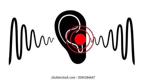 Tinnitus disease concept. Pain, inflammation in human ear. Symbol of earache, ringing and loud sounds in ears. Medical checkup of hearing organs, neurology problems treatment flat vector illustration.