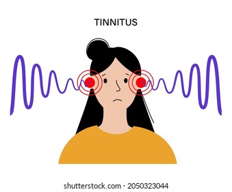 Tinnitus disease concept. Pain, inflammation in human ear. Symbol of earache, ringing and loud sounds in ears. Medical checkup of hearing organs, neurology problems treatment flat vector illustration.