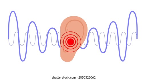 Konzept der Tinnitus-Krankheit. Schmerzen, Entzündungen im menschlichen Ohr. Symbol für Ohrenschmerzen, Klingeln und laute Geräusche in Ohren. Medizinische Kontrolle der Hörorgane, neurologische Probleme Behandlung flache Vektorgrafik.