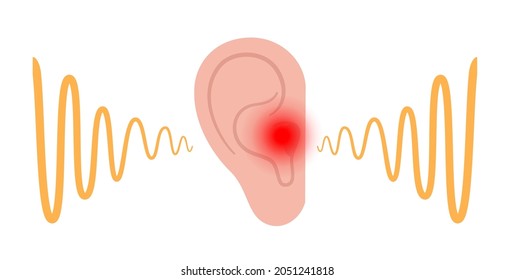 Tinnitus disease concept. Pain, inflammation in human ear. Symbol of earache, ringing and loud sounds in ears. Medical checkup of hearing organs, neurology problems treatment flat vector illustration.