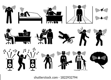 Tinnitus ear ringing noise in people icons. Vector illustrations of a man having tinnitus and experiencing a noisy sound in the ears. 