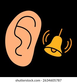 Ícone de zumbido. Ouvido com sino tocando simboliza distúrbio auditivo, sensibilidade ao ruído ou percepção de som persistente ligada ao estresse ou a problemas de saúde.