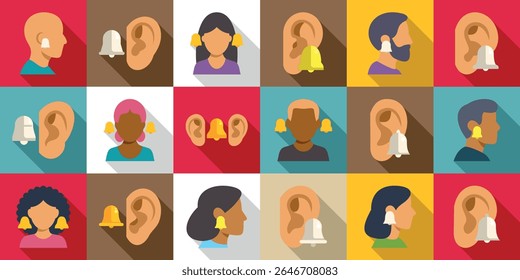 Definição de ícones de zumbido. Sinais de notificação tocando perto de ouvidos e pessoas, simbolizando alertas, mensagens ou lembretes em uma estética moderna e minimalista
