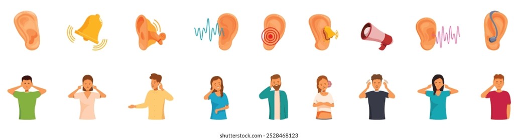Definição de ícones de zumbido. Pessoas cobrindo os ouvidos com as mãos por causa do ruído forte e irritante, experimentando dor de ouvido e zumbido
