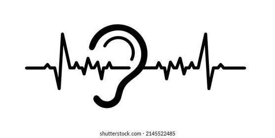 Tinnitus. Listen, sound signal wave. Symbol for deafness. Limited hearing pictogram. Ear hearing loss. Vector deaf problem, impairment. World hearing day or world deaf day. ECG heartbeat line pulse. 