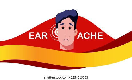 Tinnitus, otitis, or infections concept. Medical checkup and test of hearing organs. Close up of unhealthy sad man with ear pain. Deafness symbol on colorful background isolated. Vector illustration