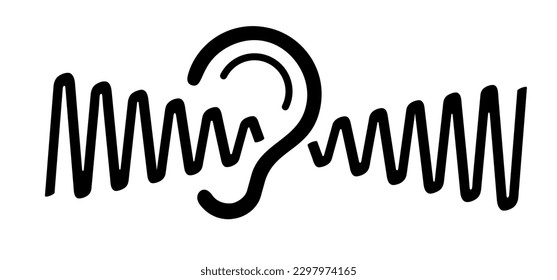 Tinnitus. Ringing in the ears. Human ear with tinnitus icon. Vector line pattern. Unbearable ringing in ears. Concept of diseases of hearing organs or neurology problems. Audiogram and audio wave.