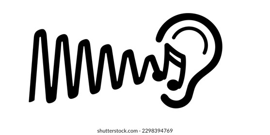 Tinnitus. Ringing in the ears. Human ear with tinnitus icon. Vector voice pattern. Unbearable ringing in ears. Concept of diseases of hearing organs or neurology problems. Audiogram and audio wave.