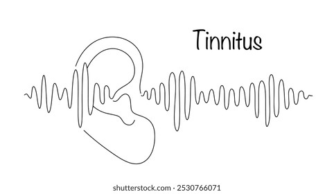 Tinnitus. Síntoma caracterizado por la presencia de sensaciones acústicas en el paciente en ausencia de una fuente sonora. Línea dibujada oído y onda sonora. Ilustración vectorial.