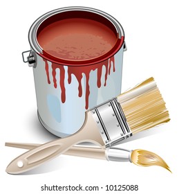 Tins with building paint opened and brushes, illustration