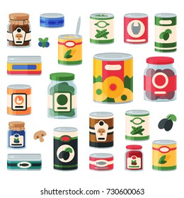 Tins canned goods food container grocery store and product storage aluminum label conserve vector illustration.