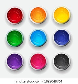 Tins with gouache, acrylic paint collection set in rainbow colours. Design elements for art background. Vector Illustration