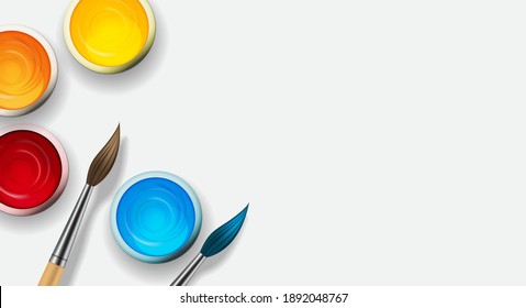 Tins with gouache, acrylic paint collection set with realistic 3d Wooden brush. Design elements for art background. Vector Illustration