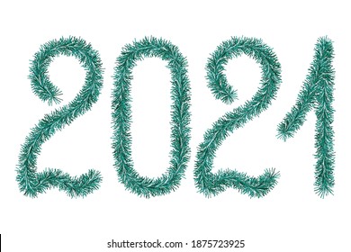 Tinsel. 2021. Lettering from a holiday decoration. Fluffy numbers. Emerald color. Vector illustration. Isolated white background. Cute plush message. The coming year. Rustling lettering. 