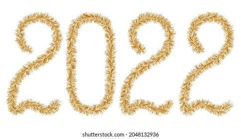 Tinsel. 2022. Lettering from a festive Christmas decoration. Fluffy numbers. Gold color. Vector illustration. Isolated white background. Cute plush message. The coming year. Rustling lettering. 
