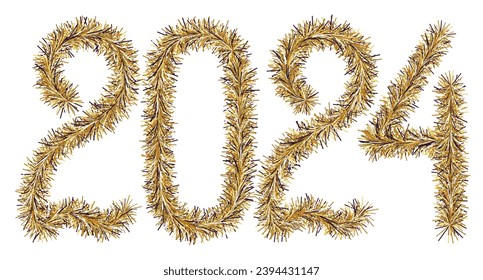 Tinsel. 2024. Lettering from a festive Christmas decoration. Fluffy numbers. Dark gold color. Vector illustration. Isolated background. Cute plush message. The coming year. Rustling lettering. 