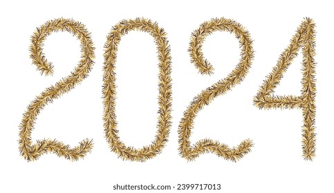 Tinsel. 2024. Lettering from a festive Christmas decoration. Fluffy numbers. Dark gold color. Vector illustration. Isolated background. Cute plush message. The coming year. Rustling lettering. 