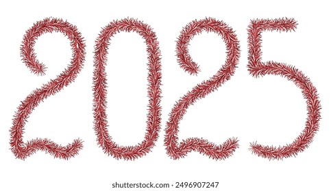 Tinsel. 2025. Lettering from festive Christmas decoration. Fluffy numbers. Red color. Vector illustration. Isolated white background. Cute plush message. Coming year. Rustling lettering. 