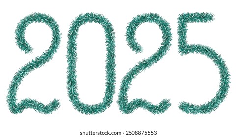 Tinsel. 2025. Lettering from festive Christmas decoration. Fluffy numbers. Green color. Vector illustration. Isolated background. Cute plush message. Coming year. Rustling lettering. 