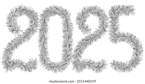 Tinsel. 2025. Lettering from festive Christmas decoration. Fluffy numbers. Silver color. Vector illustration. Isolated background. Cute plush message. Coming year. Rustling lettering. 