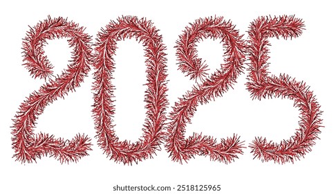 Tinsel. 2025. Lettering from festive Christmas decoration. Fluffy numbers. Red color. Vector illustration. Isolated white background. Cute plush message. Coming year. Rustling lettering. 