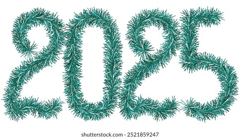 Tinsel. 2025. Lettering from festive Christmas decoration. Fluffy numbers. Green color. Vector illustration. Isolated background. Cute plush message. Coming year. Rustling lettering.