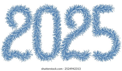 Tinsel. 2025. Lettering from festive Christmas decoration. Fluffy numbers in blue. Vector illustration. Isolated background. Cute plush message. Coming year. Rustling lettering. Idea for web design.