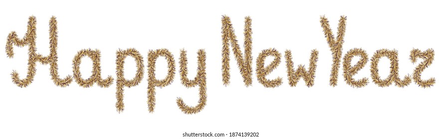 Tinsel. Happy New Year. Lettering from a holiday decoration. Gold. Fluffy lettering. Vector illustration. Isolated white background. Cute plush message. A rustling wish. Idea for web design, banner.