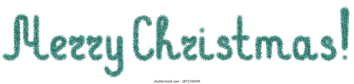 
Tinsel. Merry Christmas. Lettering from a holiday decoration. Fluffy lettering. Vector illustration. Isolated white background. The decor is emerald. Cute plush message. A rustling wish. Idea for web