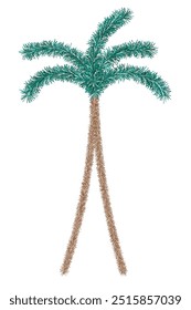 Tinsel palm tree. Ilustração do vetor de cores. Fundo branco isolado. Árvore tropical verde. Planta exótica de pelúcia com tronco poderoso e folhas grandes. 