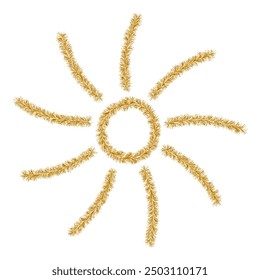 Tinsel sun. Golden sun rays. Color vector illustration. Plush sun. Day star with long rays. Ultraviolet glow. Isolated white background. Idea for web design.