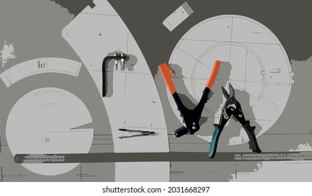 tinsmith's workbench, tools and patterns