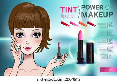Tint lipstick ads. Vector Illustration with Manga style girl and makeup lipstick product.