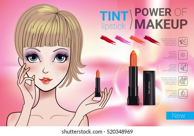 Tint lipstick ads. Vector Illustration with Manga style girl and makeup lipstick product.