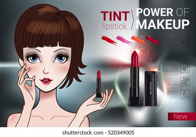 Tint lipstick ads. Vector Illustration with Manga style girl and makeup lipstick product.