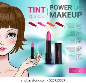 Tint lipstick ads. Vector Illustration with Manga style girl and makeup lipstick product.