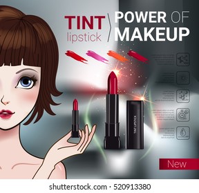 Tint lipstick ads. Vector Illustration with Manga style girl and makeup lipstick product.